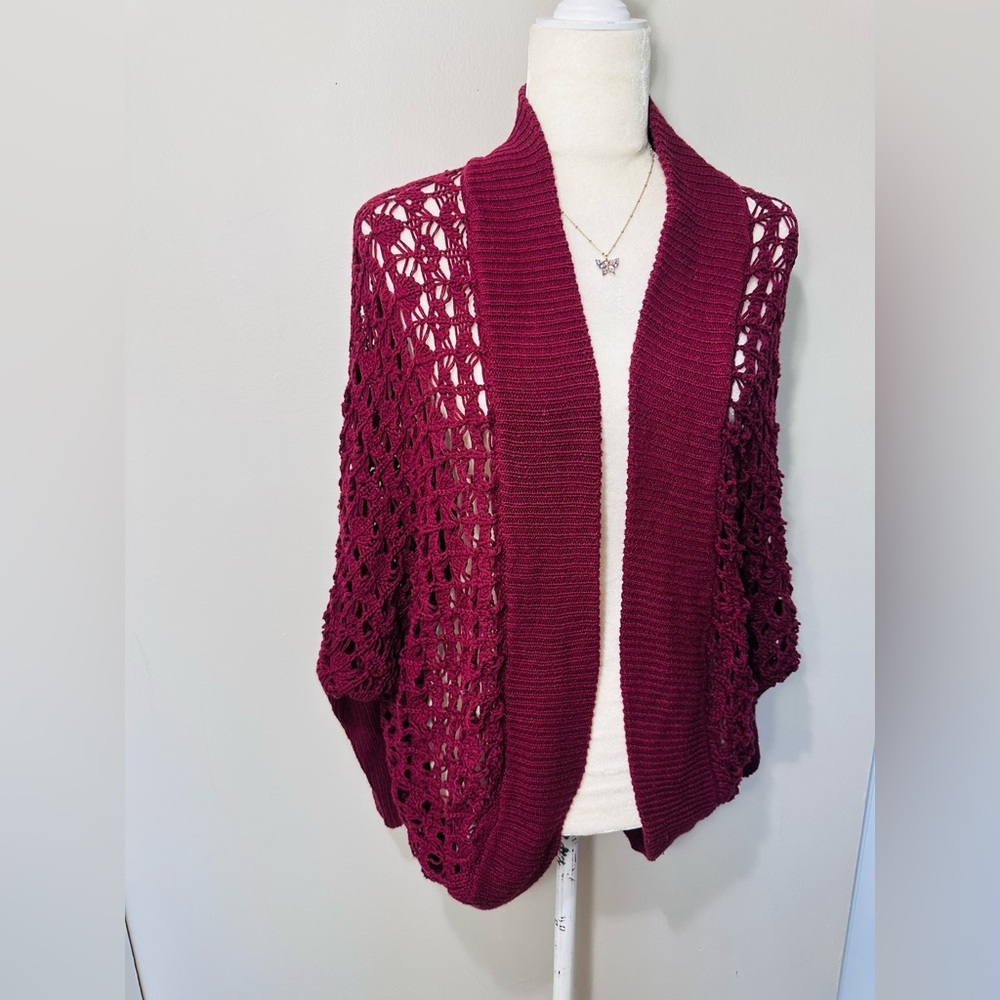 Abound Womens Cardigan S/M Red Wine BOHO Bolero Crochet Sweater Shawl Soft lace